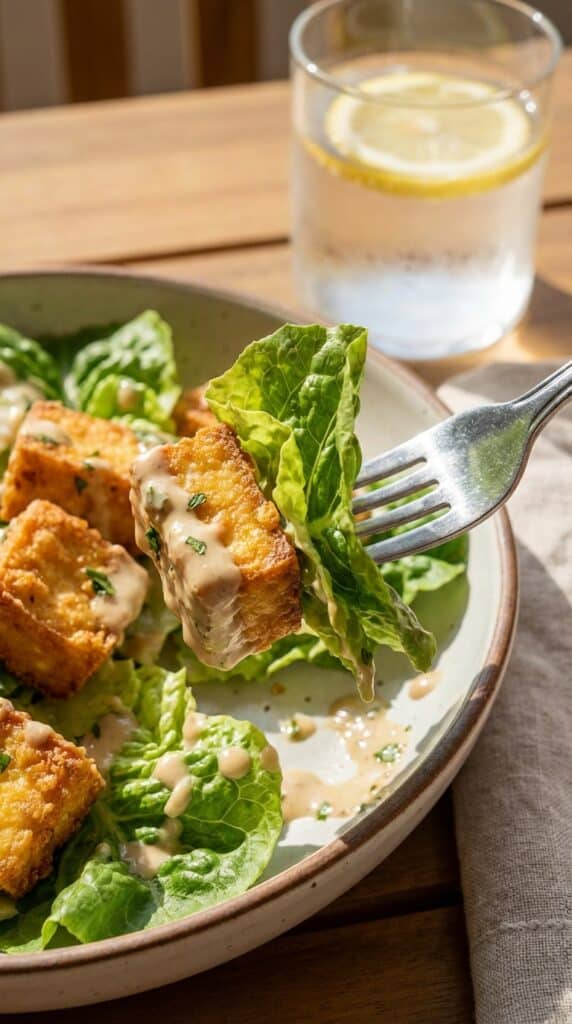 A close-up of a fork lifting a piece of crispy tofu with dressing and greens.