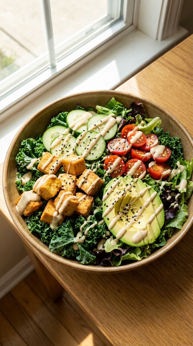 A salad bowl filled with crispy tofu, greens, avocado, and tomatoes, drizzled with creamy tahini dressing.