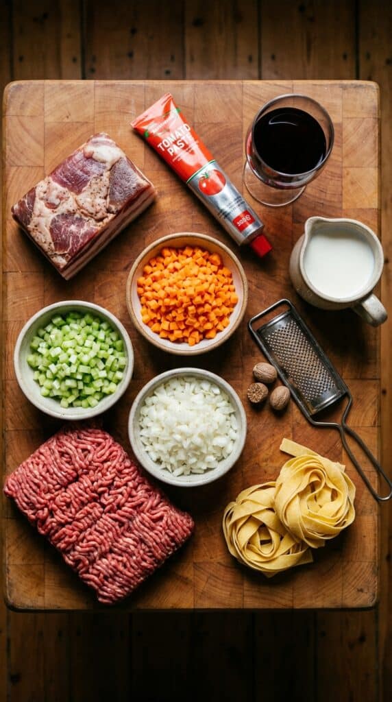 An overhead view of Bolognese ingredients: ground meats, diced carrots, celery, onions, wine, milk, tomato paste, and fresh pasta on a wooden board.