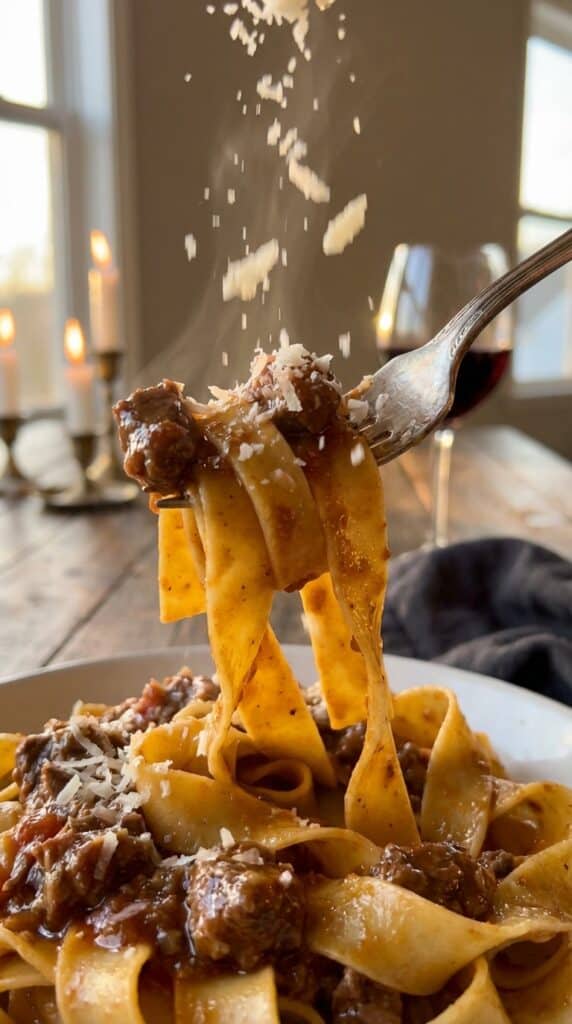 A close-up of a fork twirling pappardelle pasta with meaty Bolognese sauce, with grated cheese falling from above.