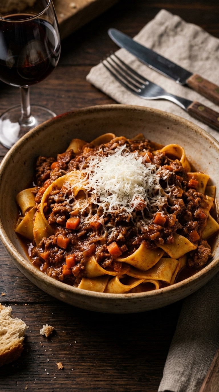 A rustic bowl of pappardelle pasta coated in a thick, rich meat Bolognese sauce, topped with grated parmesan cheese.