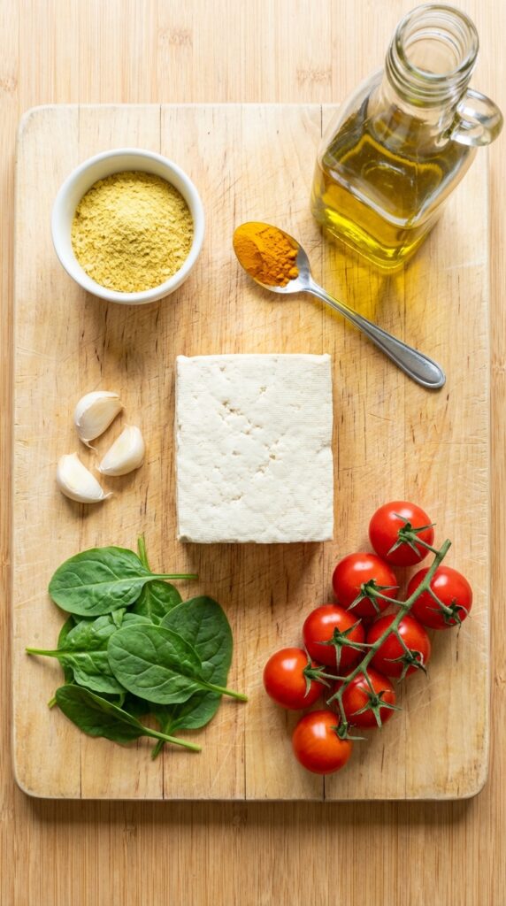 A flat lay showing a block of tofu, nutritional yeast, turmeric, spinach, tomatoes, and spices on a wooden board.
