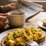 A close-up of golden tofu scramble piled on a piece of sourdough toast with a fork resting on it.