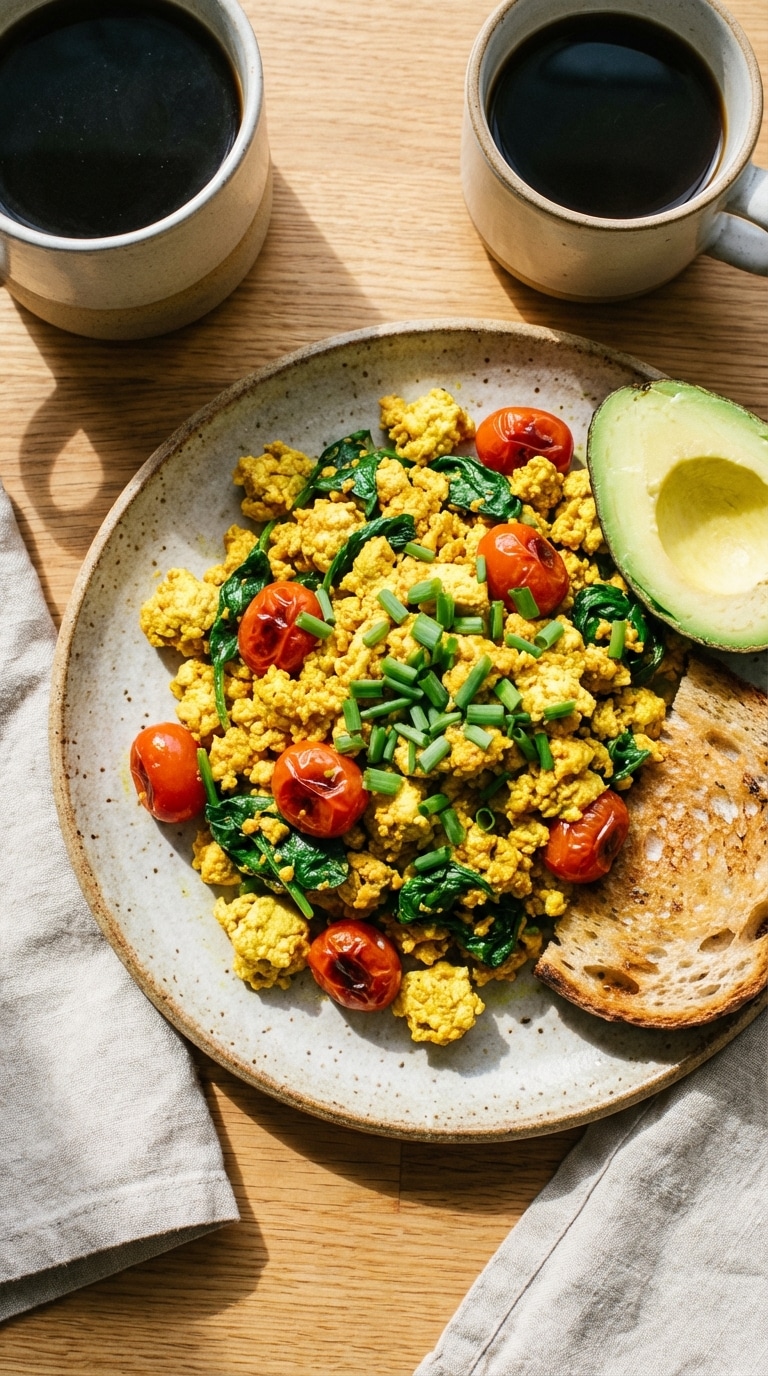 A plate of golden yellow tofu scramble with spinach, tomatoes, avocado, and sourdough toast on a sunlit table.