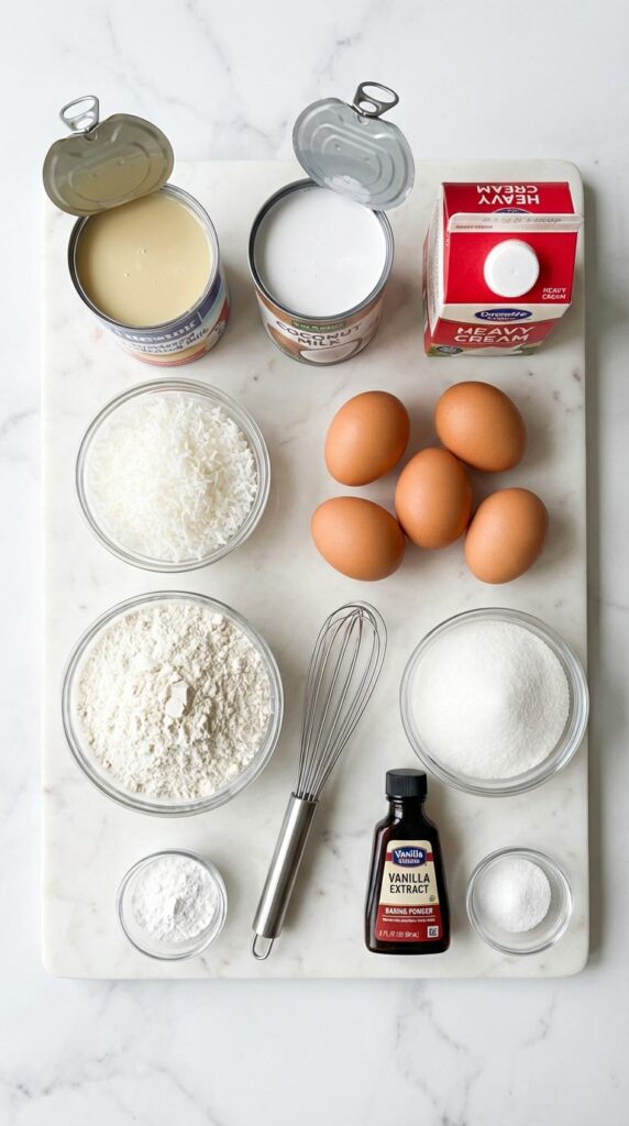 A flat lay showing cans of condensed milk and coconut milk, heavy cream, shredded coconut, eggs, and flour on a marble table.