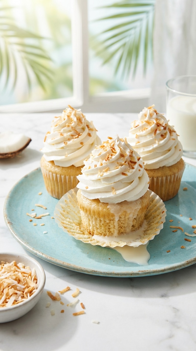 Three coconut cupcakes topped with whipped cream and toasted coconut, with one wrapper peeled back to show a moist, milky cake crumb.