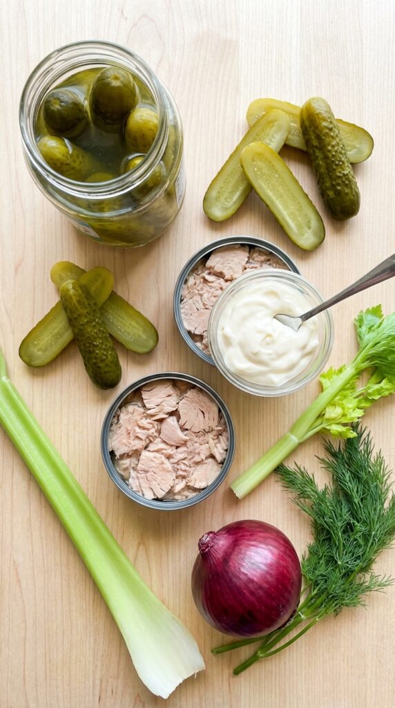 A flat lay showing a jar of pickles, canned tuna, mayonnaise, celery, and onion on a white table.
