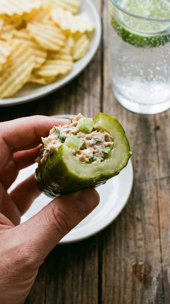 A close-up of a hand holding a pickle boat with a bite taken out, showing the creamy tuna inside.