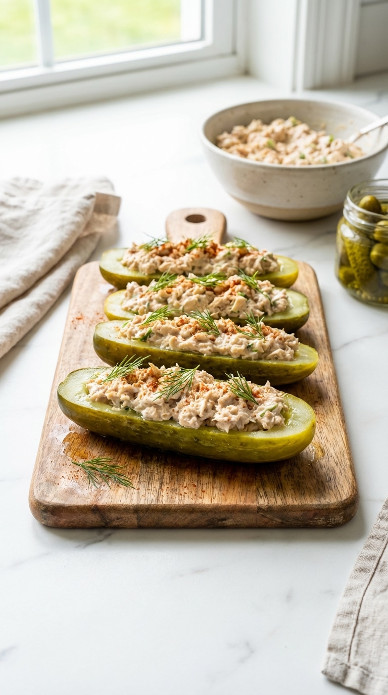 A close-up of hollowed-out cucumber pickles filled with creamy tuna salad and garnished with dill on a wooden board.