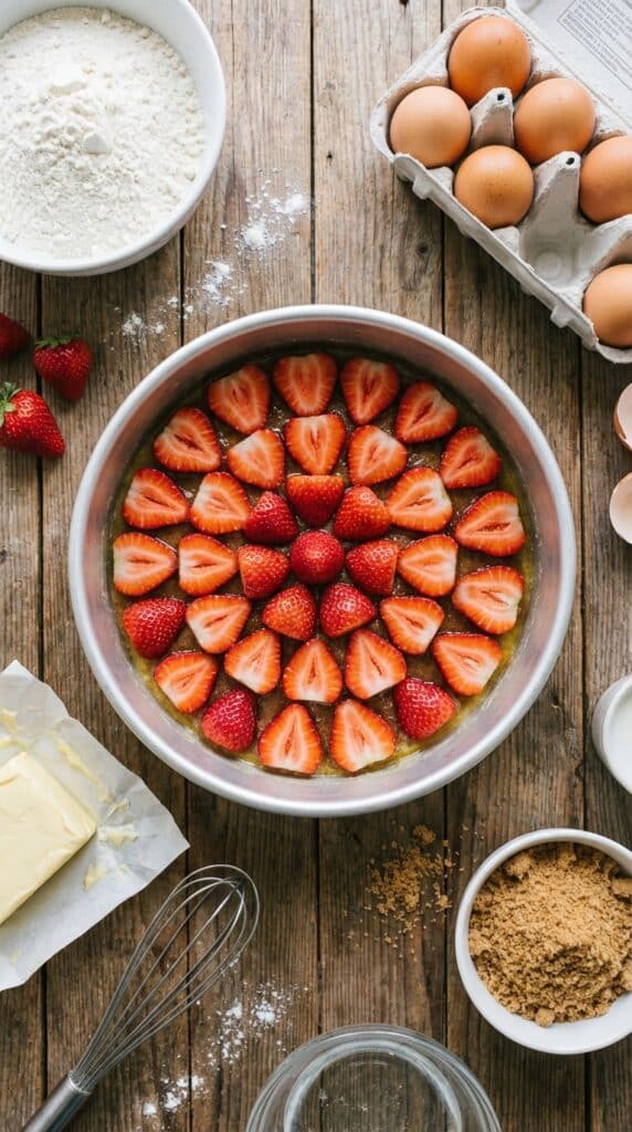 An overhead view of a cake pan lined with brown sugar and arranged strawberries, surrounded by cake ingredients.