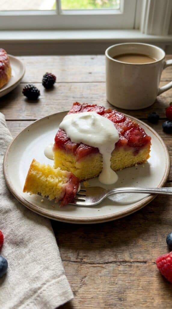 A slice of warm upside-down strawberry cake with melting whipped cream on a plate.