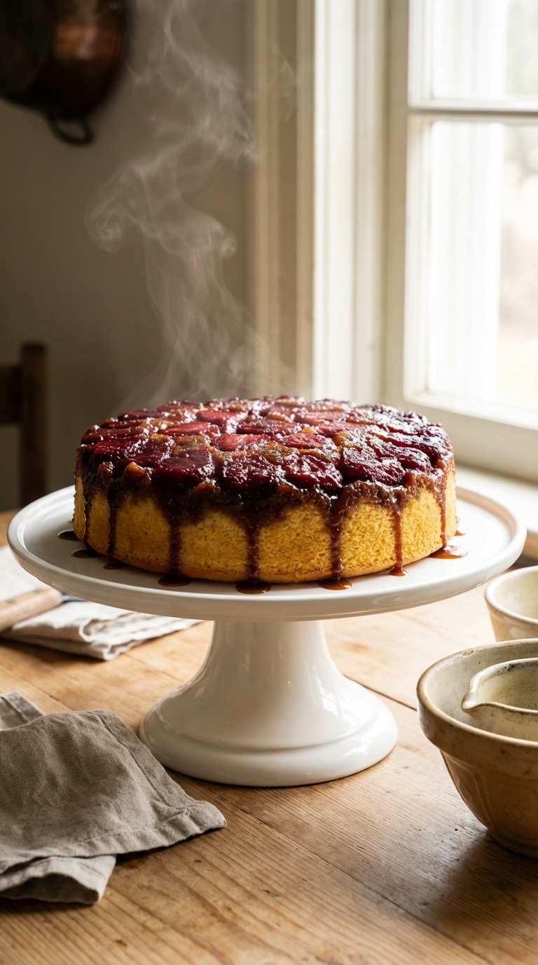 A whole upside-down cake topped with caramelized strawberries dripping with syrup on a cake stand.