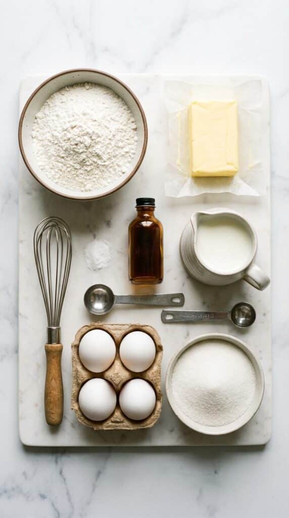 A flat lay showing cake flour, butter, vanilla extract, buttermilk, eggs, and sugar on a marble surface.