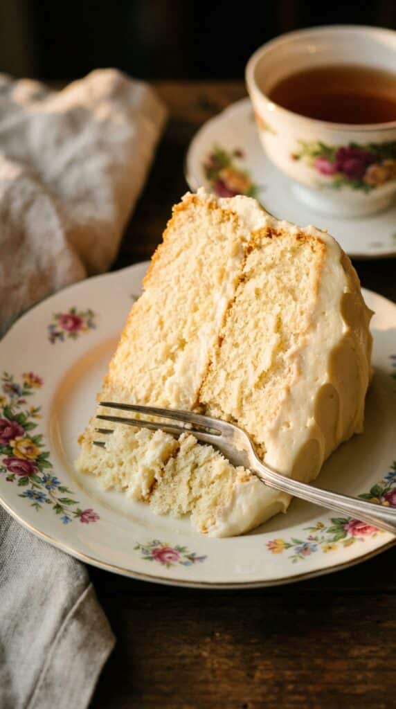 A close-up of a fork cutting into a slice of moist vanilla cake on a floral plate.