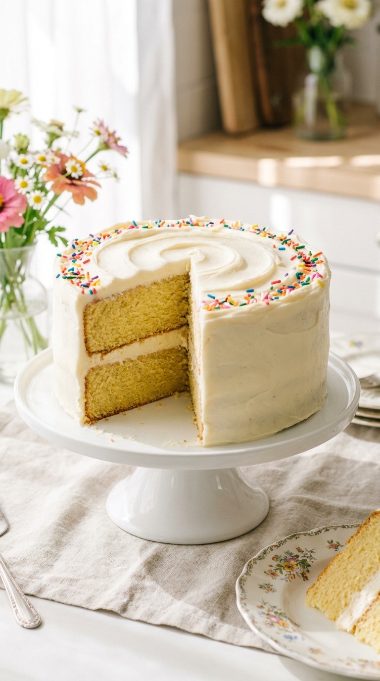A whole two-layer vanilla cake with white frosting and sprinkles, with a slice removed showing the yellow interior.