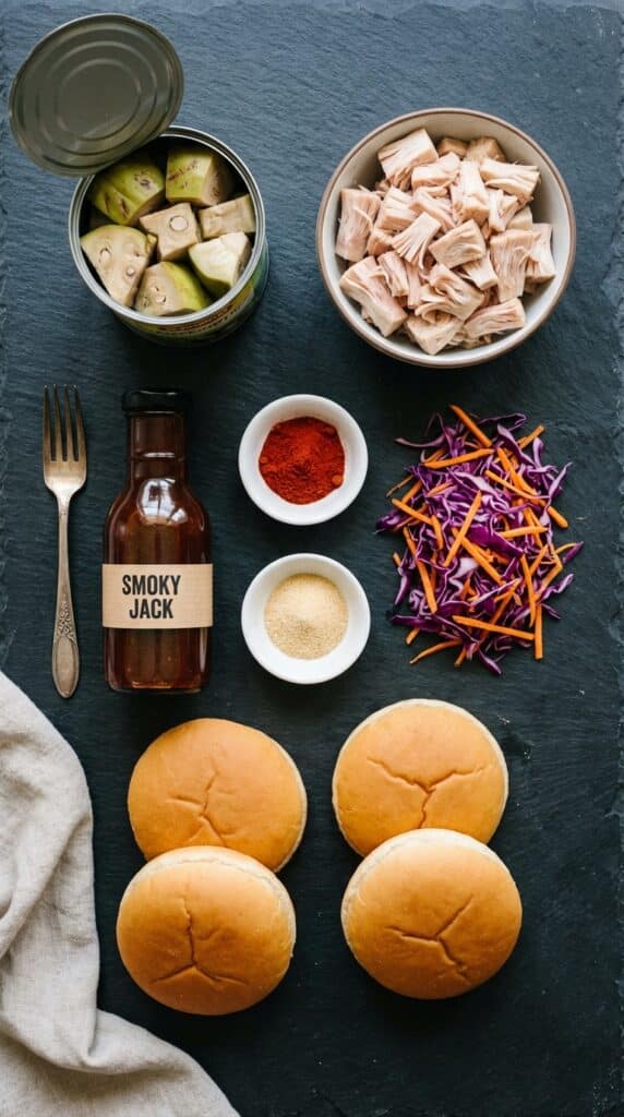 A flat lay showing canned jackfruit, BBQ sauce, spices, buns, and shredded cabbage on a dark slate board.