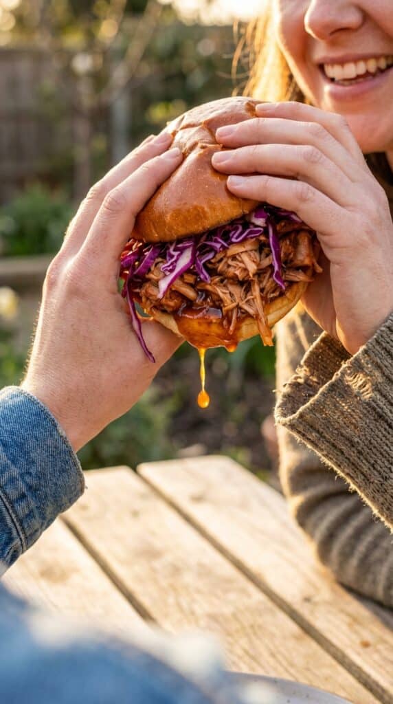 A close-up of two hands holding a messy BBQ jackfruit sandwich with slaw, ready to take a bite.
