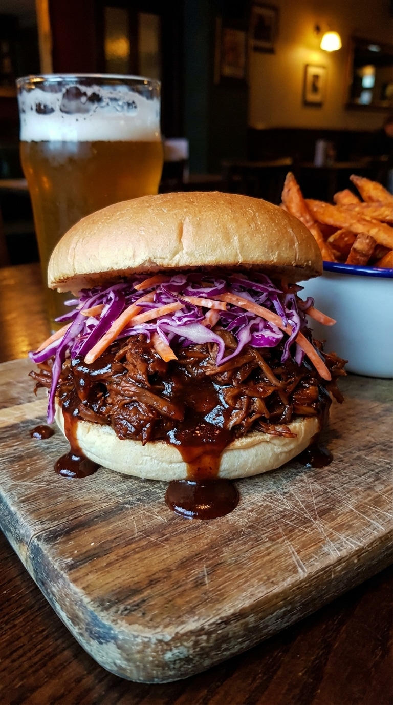 A close-up of a large sandwich filled with shredded BBQ jackfruit and bright purple cabbage slaw on a wooden board.