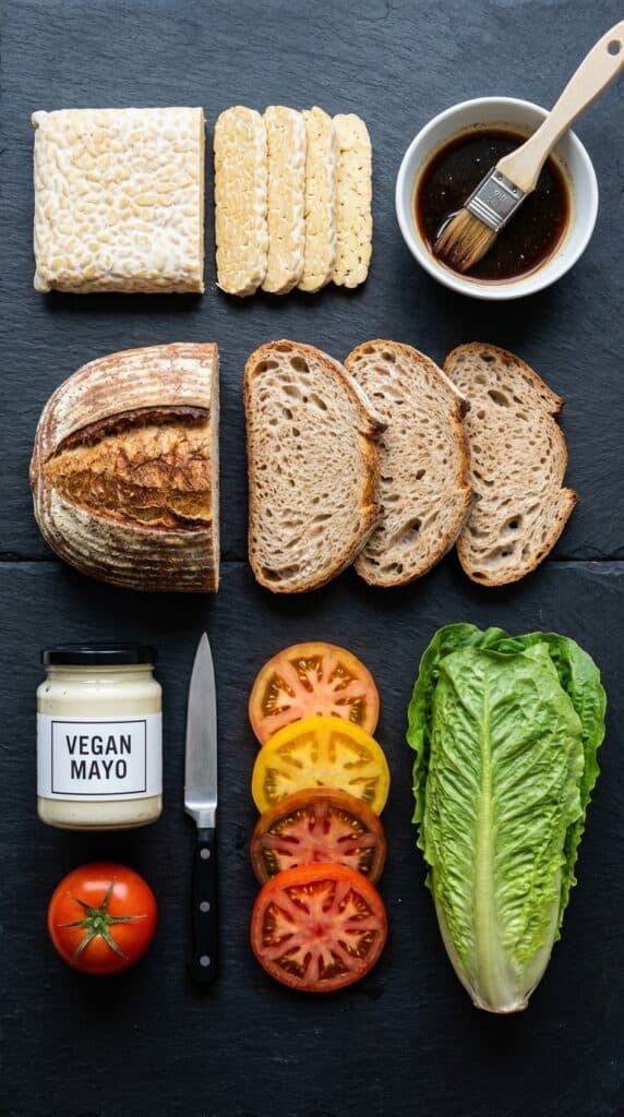 A flat lay showing sliced tempeh, marinade ingredients, sourdough bread, tomatoes, lettuce, and vegan mayo on a slate surface.