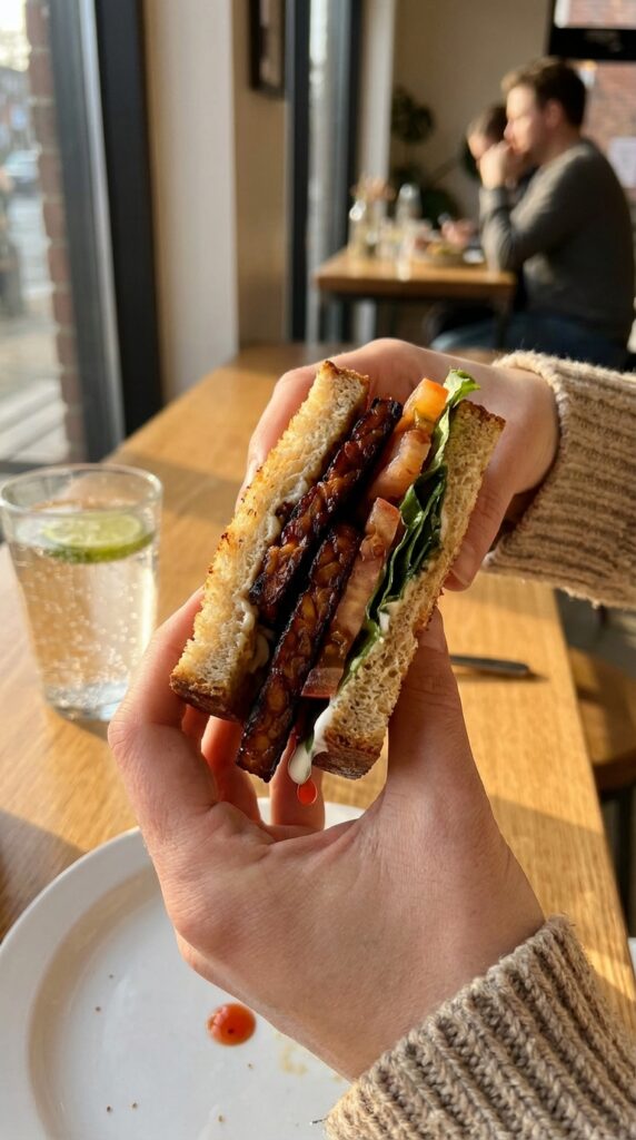 A close-up of hands holding a thick vegan BLT sandwich with crispy tempeh, tomatoes, and mayo, ready to take a bite.
