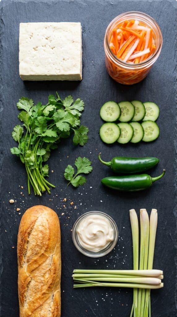A flat lay showing tofu, a jar of pickled carrots and daikon, fresh herbs, a baguette, and vegan mayo on a slate board.