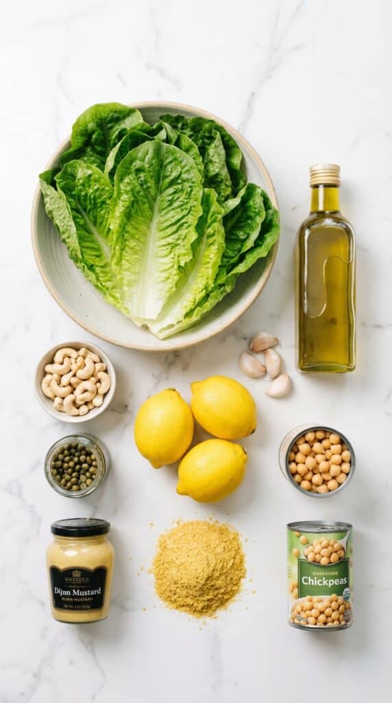 A flat lay showing romaine lettuce, raw cashews, capers, lemons, garlic, nutritional yeast, and chickpeas on a marble board.