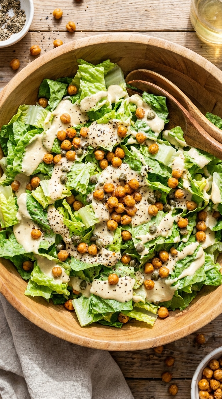 A top-down view of a wooden bowl filled with romaine lettuce coated in creamy dressing, topped with roasted chickpeas and black pepper.
