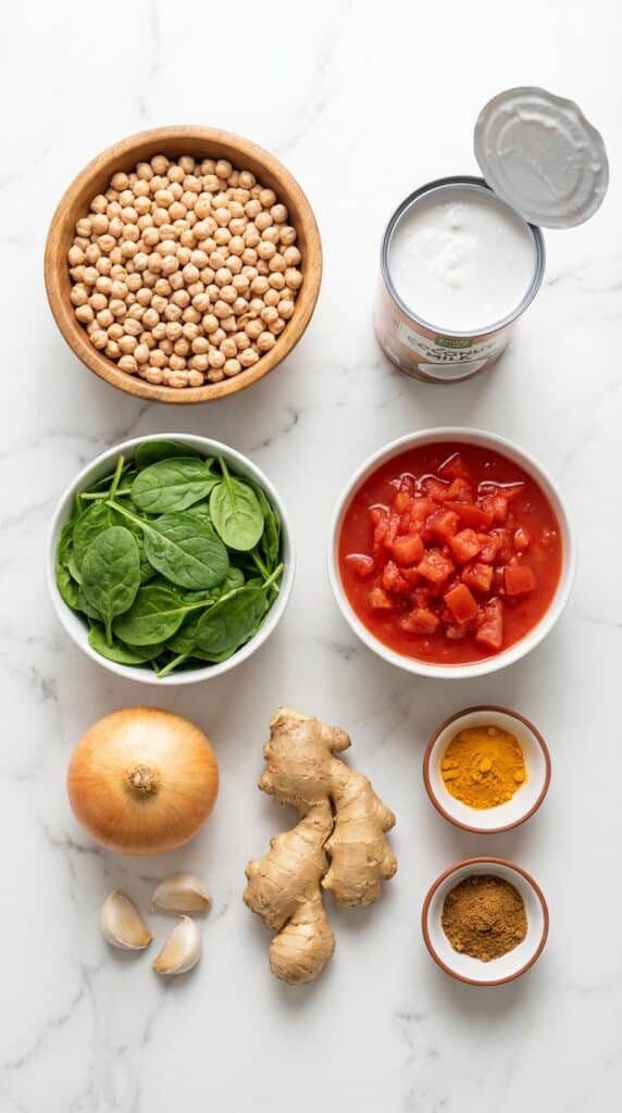 A flat lay showing chickpeas, coconut milk, fresh spinach, tomatoes, and bright spices on a marble surface.
