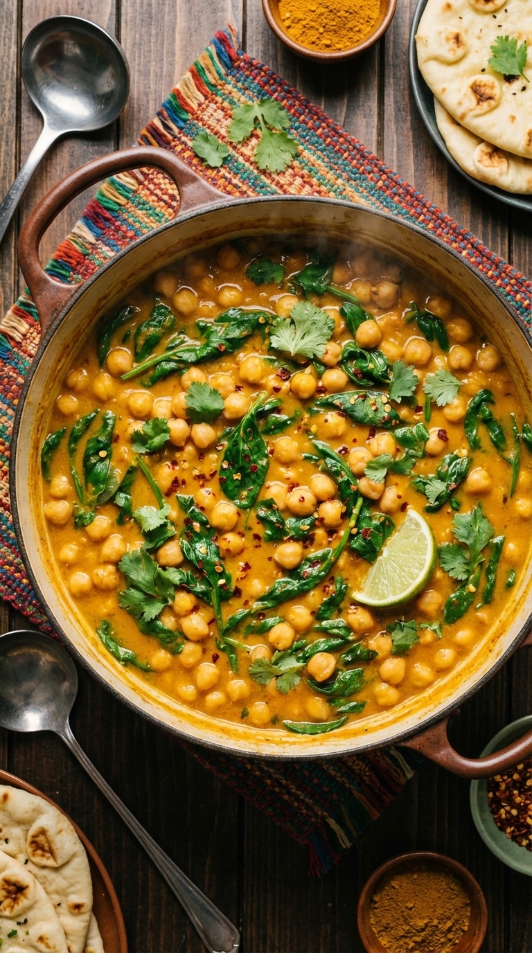 A top-down view inside a rustic pot filled with creamy golden chickpea and spinach curry, garnished with cilantro.