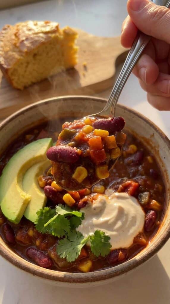 A close-up of a spoon lifting a bite of vegan chili from a bowl garnished with avocado and sour cream.