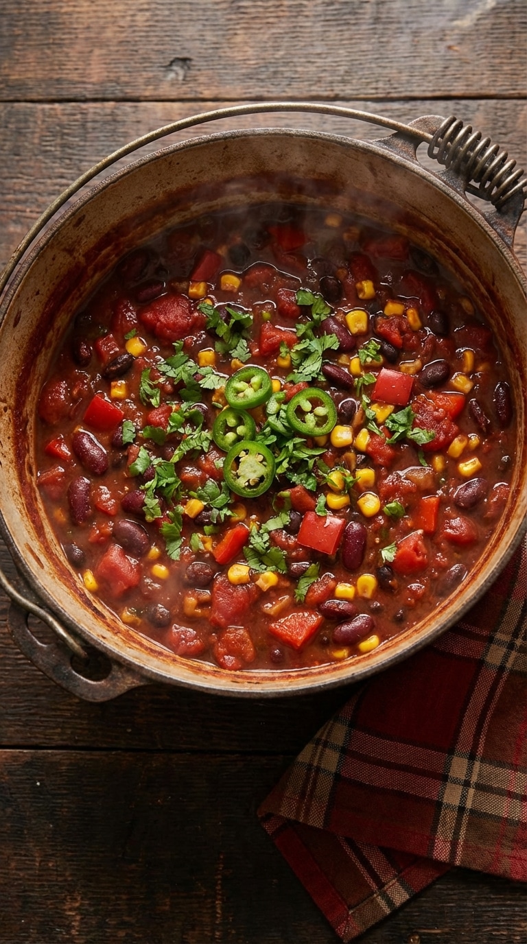 A top-down view inside a rustic Dutch oven filled with thick vegan chili containing beans, corn, and peppers, garnished with cilantro.