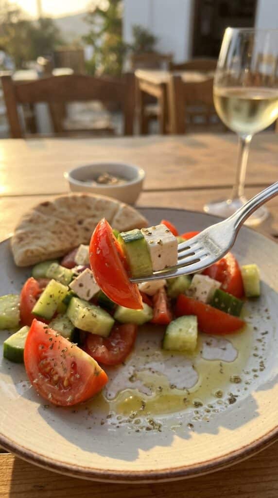 A close-up of a fork lifting a bite of tomato, cucumber, and vegan feta from a Greek salad, dripping with dressing.