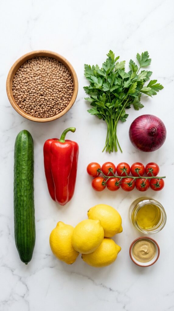 A flat lay showing dry lentils, cucumbers, bell peppers, tomatoes, red onion, lemons, and olive oil on a marble surface.