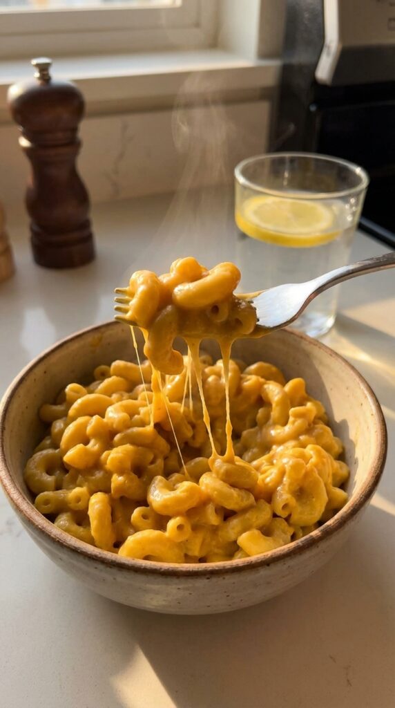 A close-up of a fork lifting a bite of creamy, saucy vegan mac and cheese from a bowl.