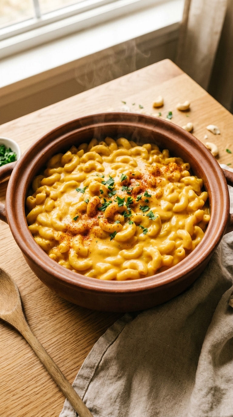 A top-down view of a ceramic pot filled with creamy, bright orange vegan mac and cheese, garnished with paprika and parsley.