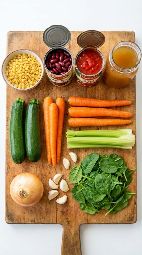 A flat lay showing fresh zucchini, carrots, celery, spinach, dry pasta, beans, and canned tomatoes on a wooden board.