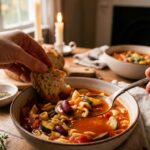 A close-up of a spoon lifting pasta, beans, and veggies from a bowl of minestrone, with bread being dipped in the background.