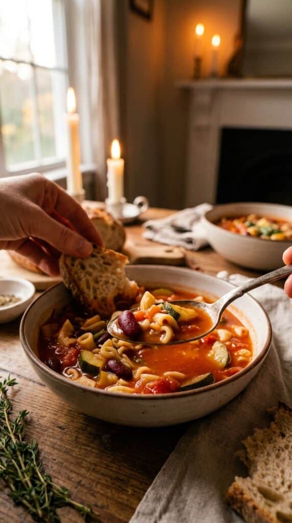A close-up of a spoon lifting pasta, beans, and veggies from a bowl of minestrone, with bread being dipped in the background.