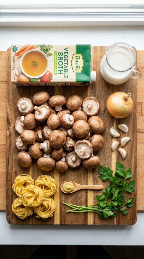 A flat lay showing fresh mushrooms, vegetable broth, cashew cream, dry pasta, onions, and herbs on a wooden board