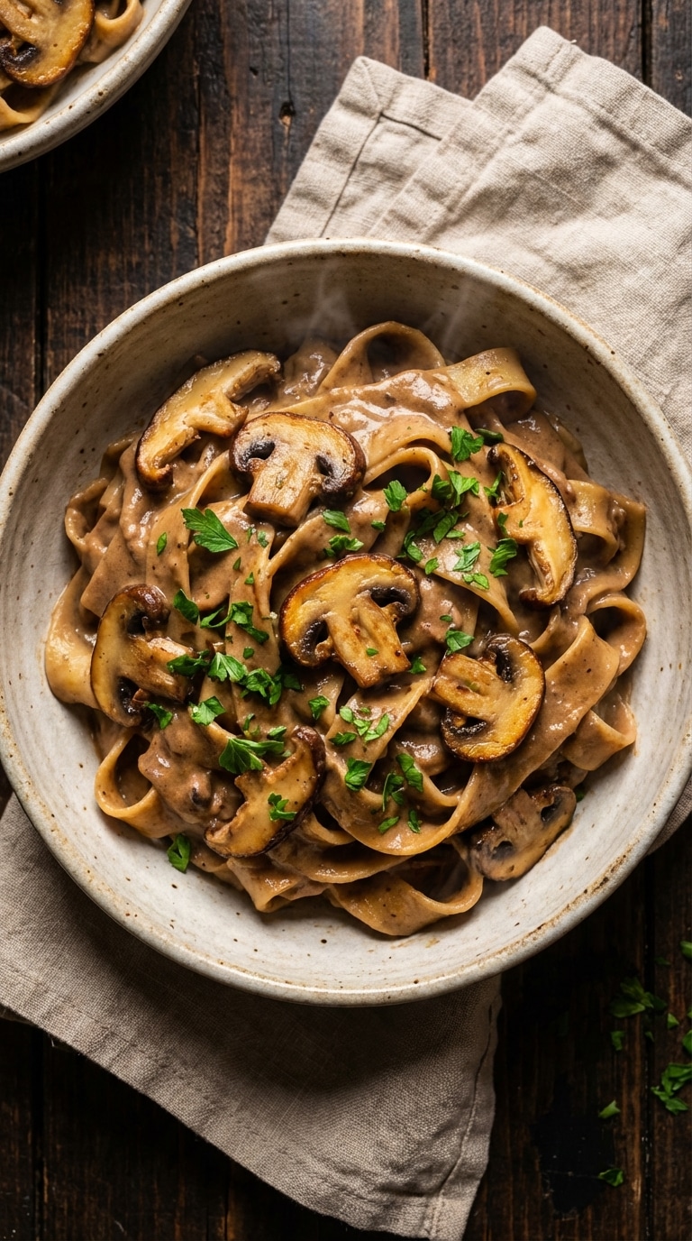 A top-down view of a rustic bowl filled with vegan mushroom stroganoff, showing wide pasta coated in a creamy brown sauce with fresh parsley.