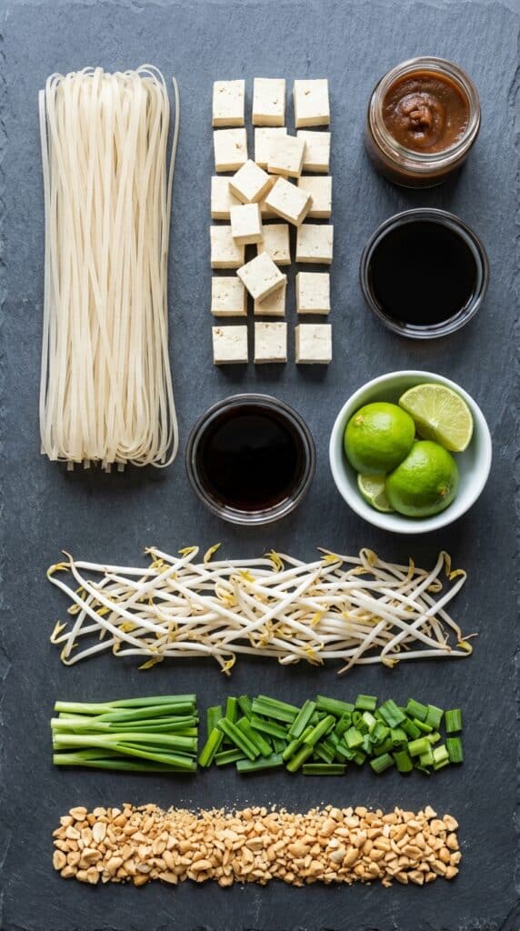 A flat lay showing rice noodles, cubed tofu, tamarind paste, bean sprouts, limes, and peanuts on a dark slate board.
