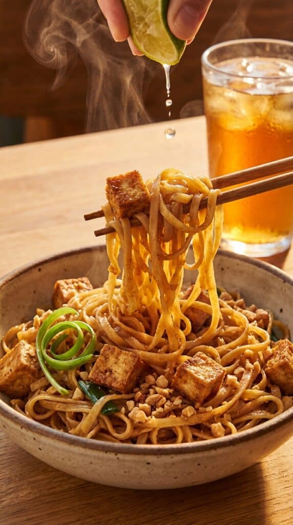 A close-up of chopsticks lifting glossy pad thai noodles with tofu and peanuts, with a squeeze of lime juice falling on them.