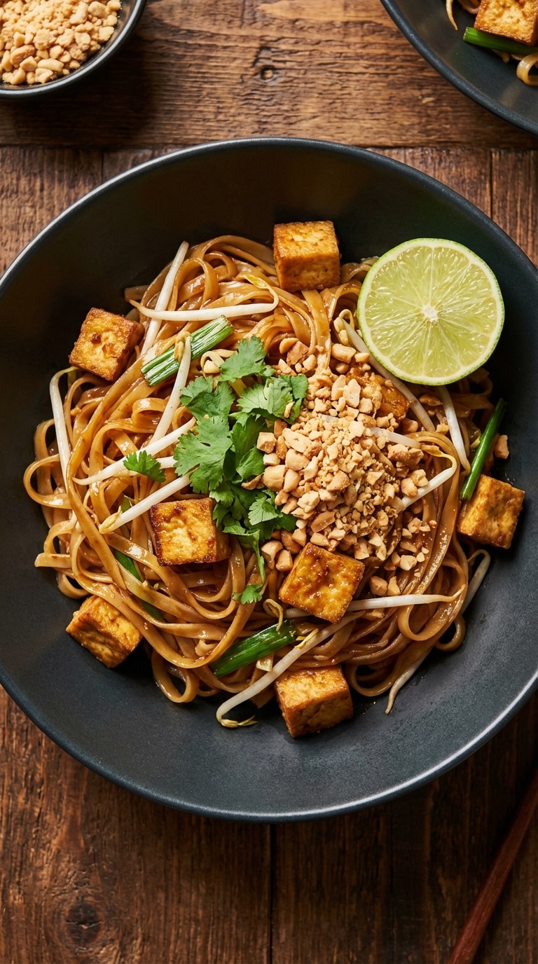 A top-down view of a bowl filled with glossy vegan pad thai noodles, crispy tofu, peanuts, bean sprouts, and lime.