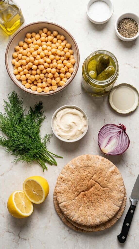 An overhead flat lay showing chickpeas, a jar of dill pickles, vegan mayo, fresh dill, red onion, and pita bread on a stone counter.