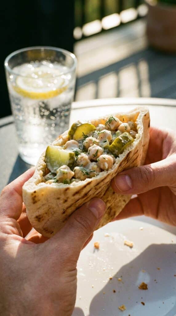 A close-up of hands holding a stuffed chickpea and pickle pita pocket, ready to take a bite.