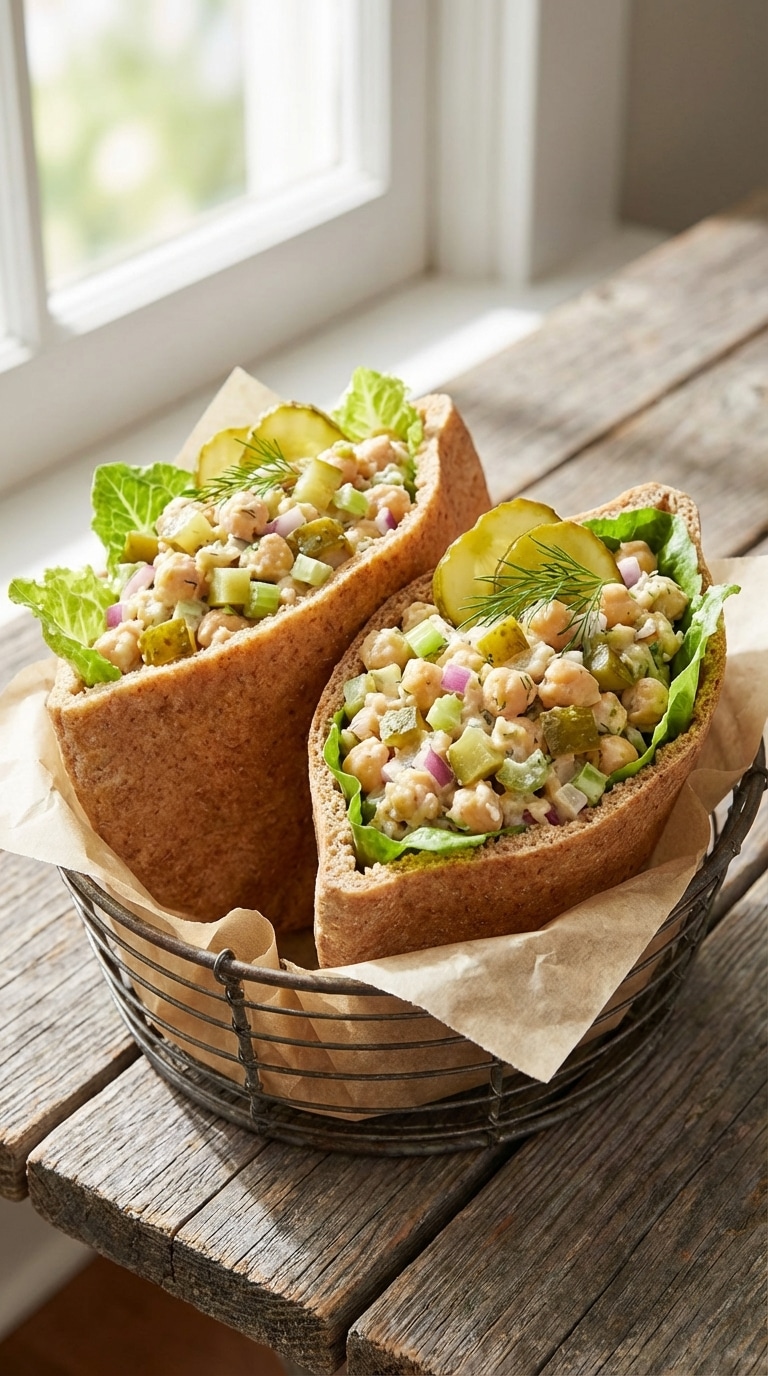 Two whole wheat pita pockets overflowing with smashed chickpea and dill pickle salad, lined with fresh lettuce in a basket.