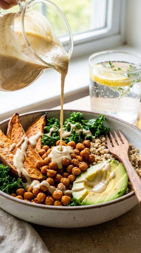 A close-up of thick, creamy tahini dressing being poured from a small pitcher over a bowl of sweet potatoes, chickpeas, and avocado.