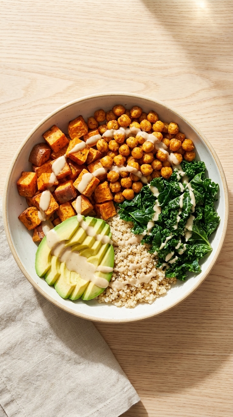 A top-down view of a Buddha bowl filled with sections of roasted sweet potatoes, chickpeas, kale, quinoa, and avocado, drizzled with tahini dressing.