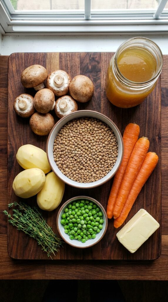 An overhead flat lay showing potatoes, lentils, mushrooms, carrots, peas, and fresh thyme on a wooden board.