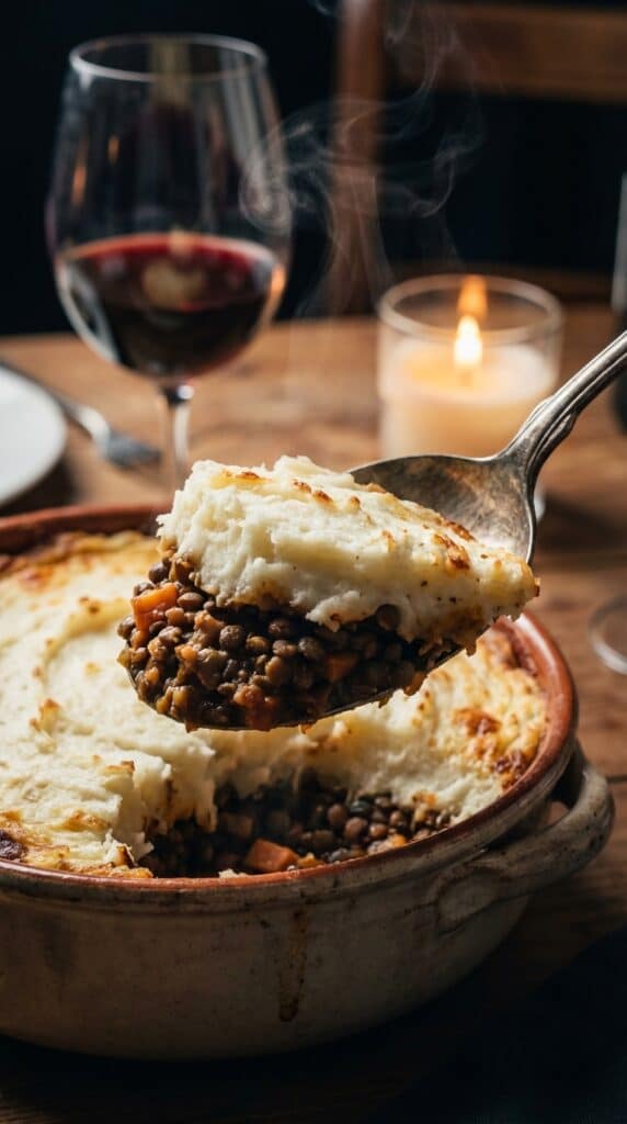 A close-up of a serving spoon lifting a scoop of vegan shepherd's pie, revealing the layer of mashed potatoes over the hearty lentil filling with steam rising.
